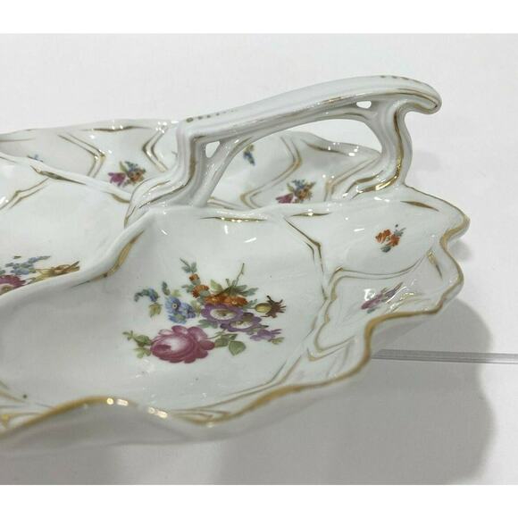 Vintage porcelain center handle server bowl 3-part vegie display white & floral - Picture 5 of 9